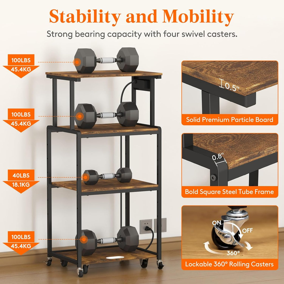 Lifewit 4 Tier Printer Stand with Power & Wheels, Office Cart, Rustic Brown