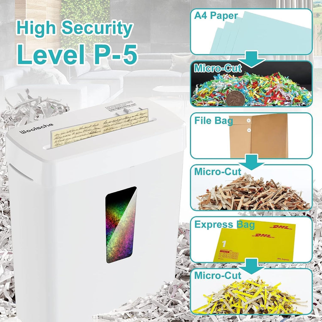 White Paper Shredder for Home Office 6-Sheet Micro Cut P-5 Security Level Metal Shredder Machine with Jam Proof System and 3.43 Gallon Bin Compact Paper Crinkle Machine
