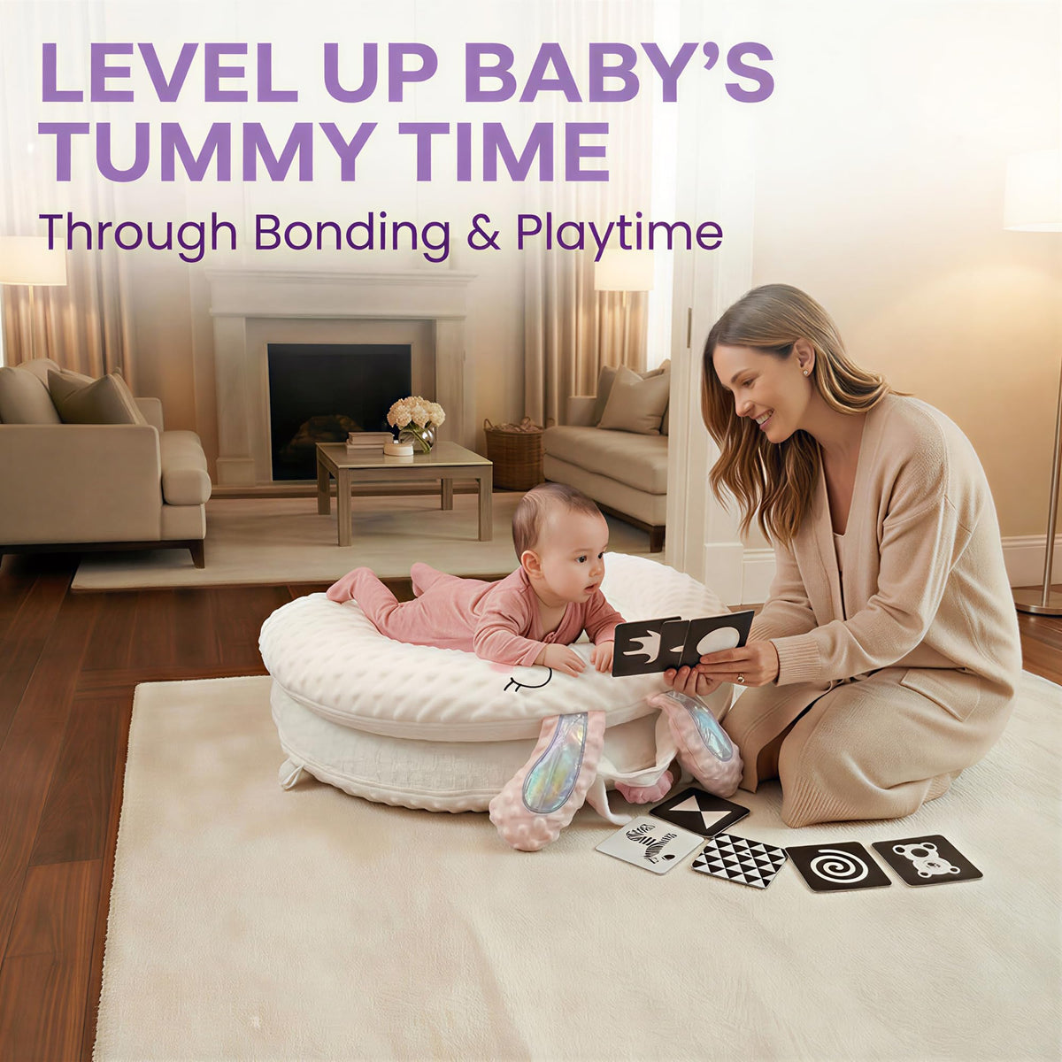 Twins Baby Play Mats for Floor Activity Gym - 5-in-1 Support Cushion Baby Play Mat Tummy Time Mat for Supervised Bonding with Arch, Plush Toys, Flashcards & Development - Beige