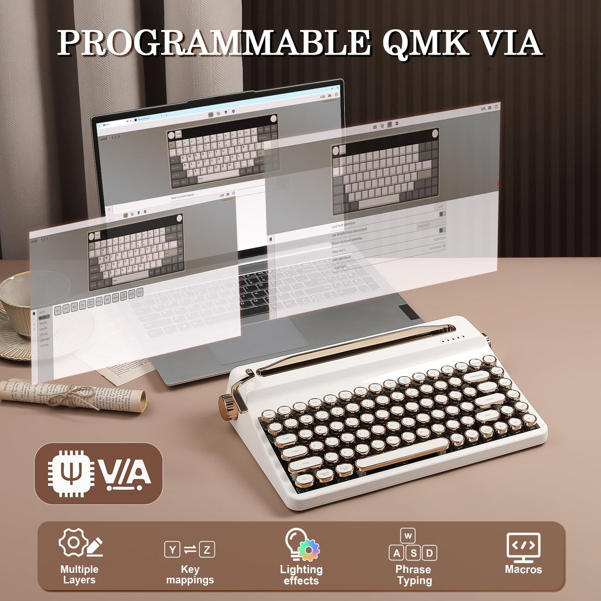 YUNZII QL75 Retro Typewriter Hot Swap RGB Keyboard (Green, Cocoa V2)