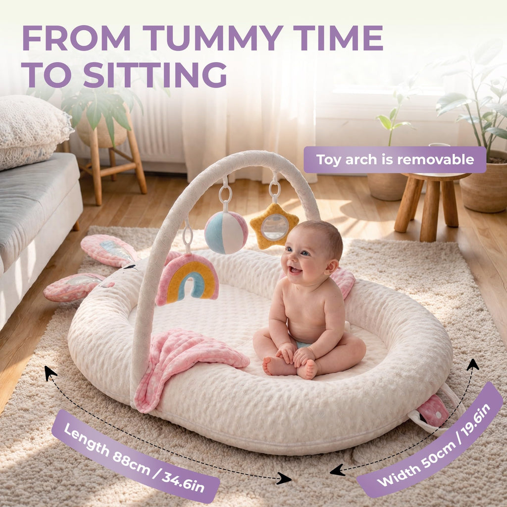 Twins Baby Play Mats for Floor Activity Gym - 5-in-1 Support Cushion Baby Play Mat Tummy Time Mat for Supervised Bonding with Arch, Plush Toys, Flashcards & Development - Beige
