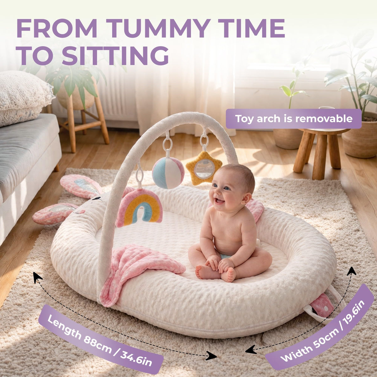 Twins Baby Play Mats for Floor Activity Gym - 5-in-1 Support Cushion Baby Play Mat Tummy Time Mat for Supervised Bonding with Arch, Plush Toys, Flashcards & Development - Beige