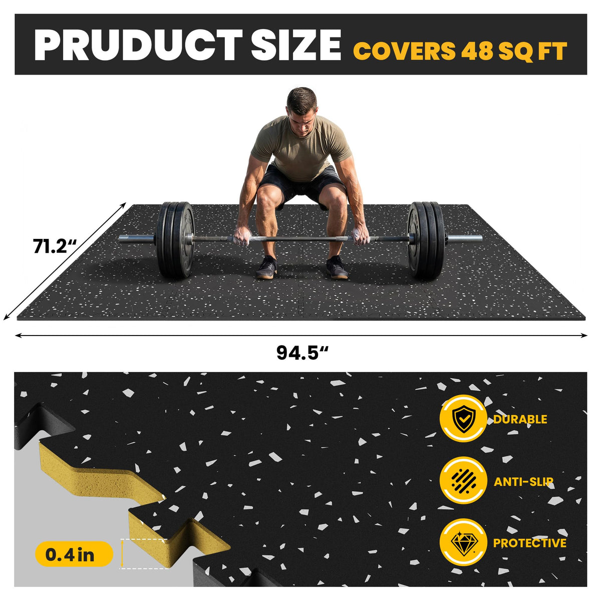 0.6" Thick Rubber Top Exercise Mat, Interlocking Puzzle Gym Flooring Mat