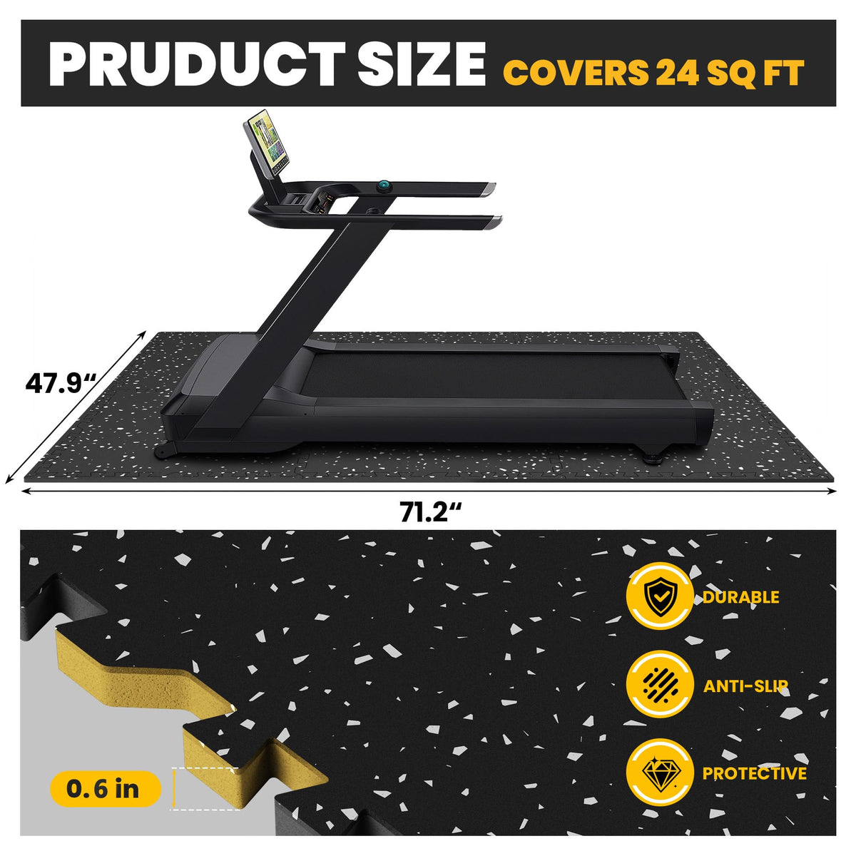 0.6" Thick Rubber Top Exercise Mat, Interlocking Puzzle Gym Flooring Mat