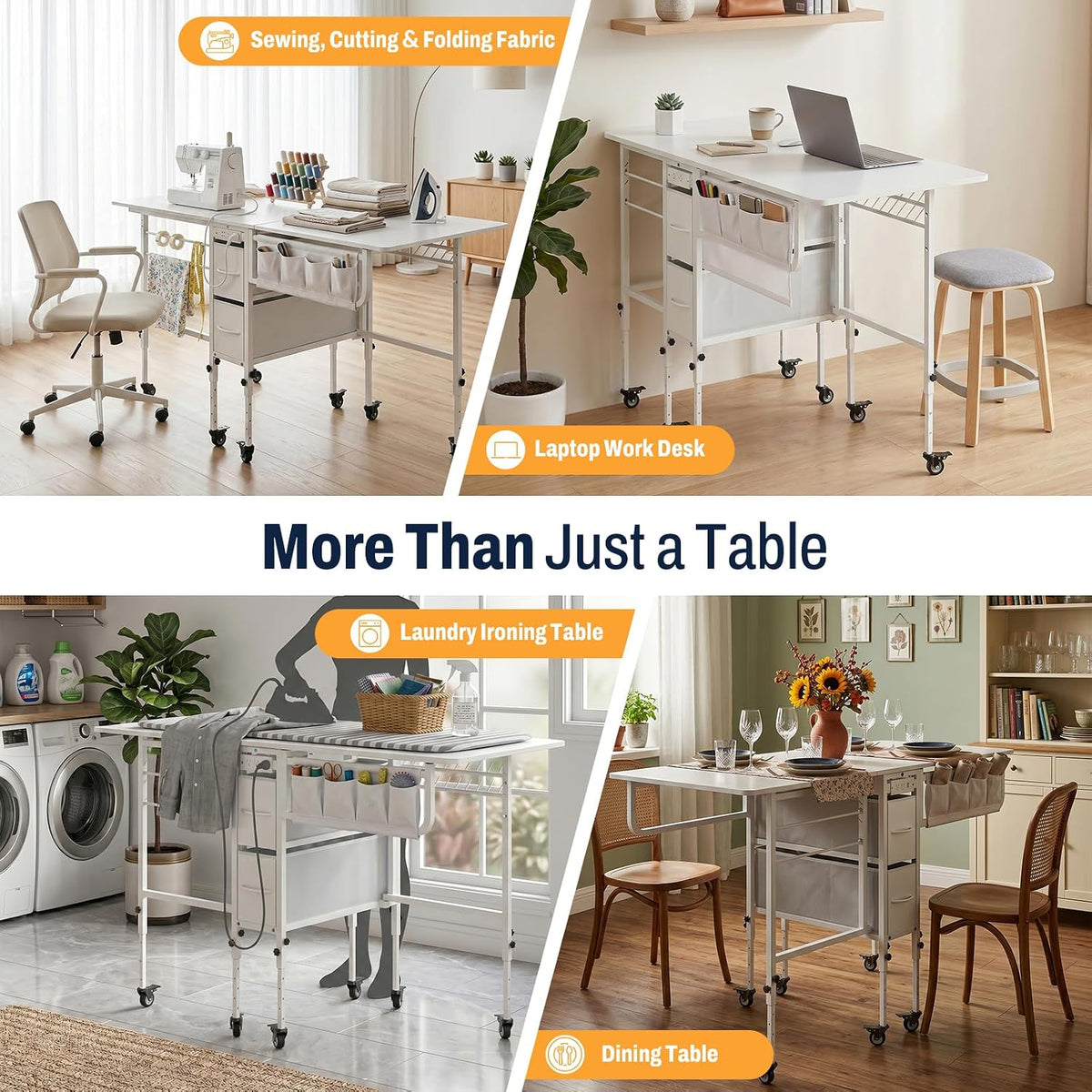 Furnaza 56.7" Foldable Wheeled Sewing Craft Table with Charging Station