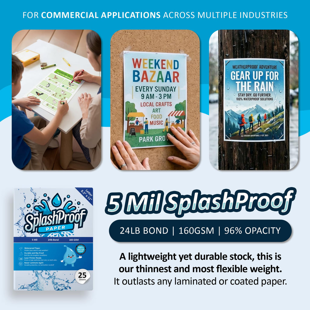 Printer Paper - 8.5" x 11", 5 Mil Waterproof Paper, Laser Printer & Copy Machine Compatible (8.5" x 11" - Letter, 500 Sheets)
