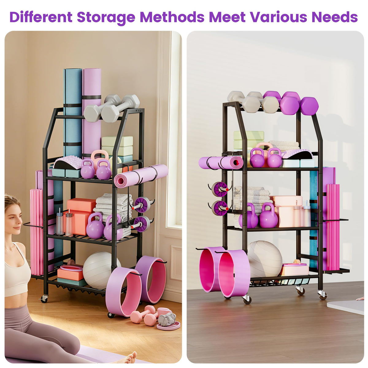 Homeiju Dumbbell Rack, Weight Rack for Home Gym, Yoga Mat Storage Holder with Lockable Wheels, Dumbbell Stand with Hooks, All in One Work out Equipment Storage for Yoga Mat Dumbbell and Balls