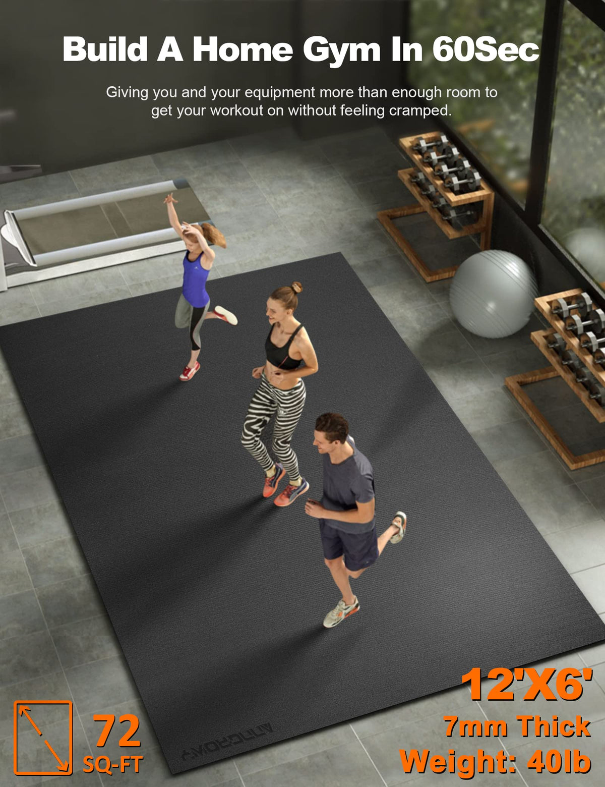 Large Exercise Mat 8'x5'|12'x6'|10'x6'|6'x4'|6'x2' Workout Mat for Home Gym Mats Exercise Heavy Duty Gym Flooring Fitness Mat Large Yoga Mat Cardio Mat for Weightlifting, Jump Rope, MMA, Shoe-Friendly