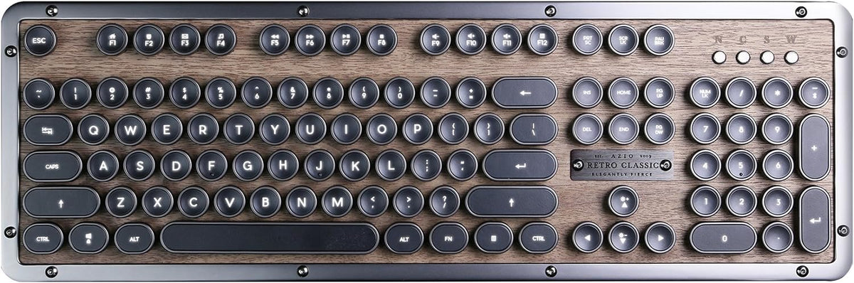Azio Retro Classic Bluetooth Elwood - Bluetooth Luxury Vintage Backlit Mechanical Keyboard (Blue Switch, Walnut Wood, Gunmetal Matte Frame)(MK-RETRO-W-BT-01-US)