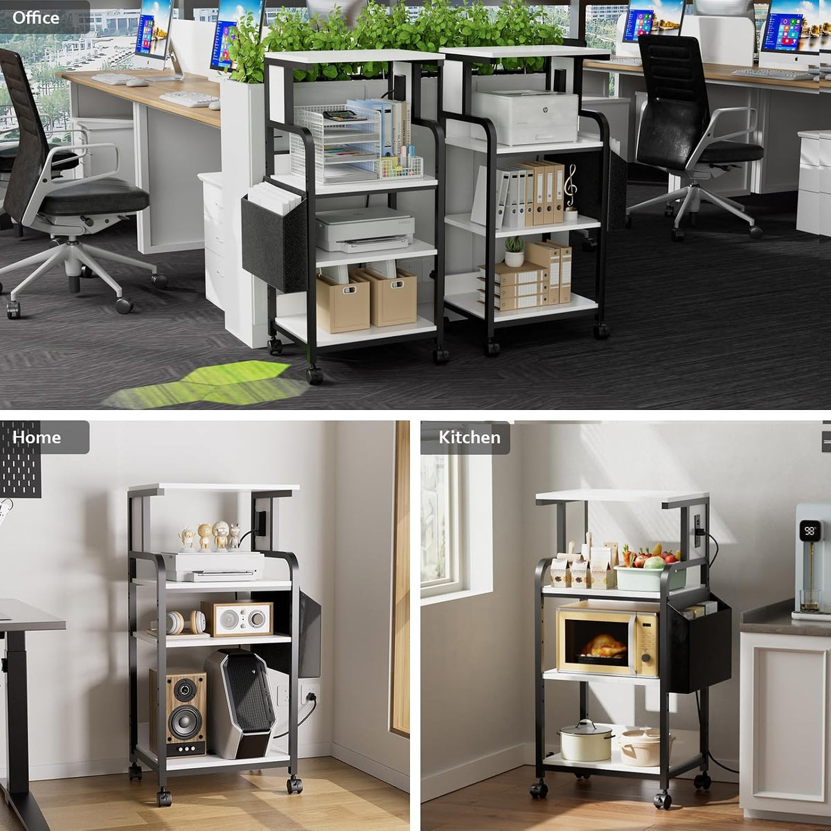 Tall Printer Stand with Charging Station, 4-Tier Mobile Cart, White