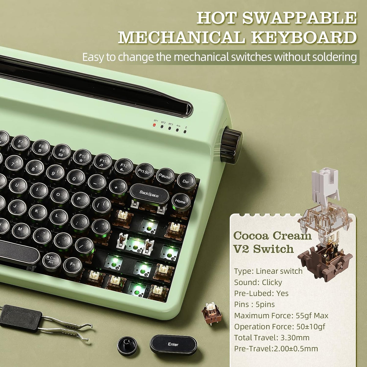 YUNZII QL75 Retro Typewriter Hot Swap RGB Keyboard (Green, Cocoa V2)