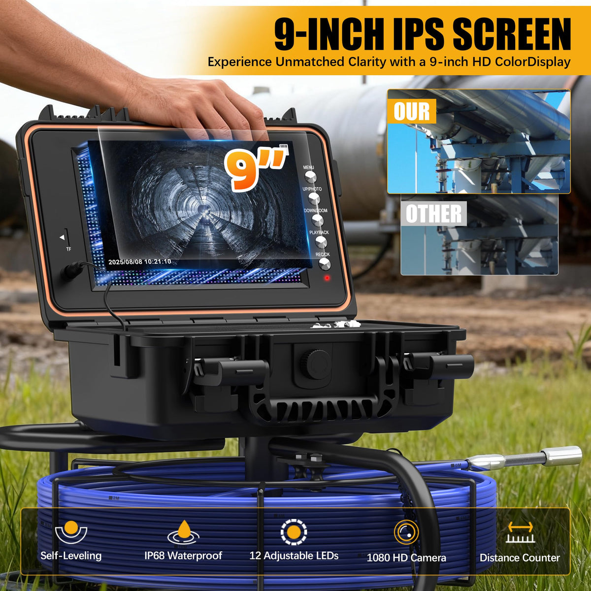 Powerwill Drain Camera with Self-Leveling, 165 ft / 50 m Sewer Pipe Inspection System, 9-Inch 1080P IPS Monitor, IP68-Rated Camera Head, 5 mm Push Cable with Meter Marking, DVR, 5X Zoom, 32GB Card