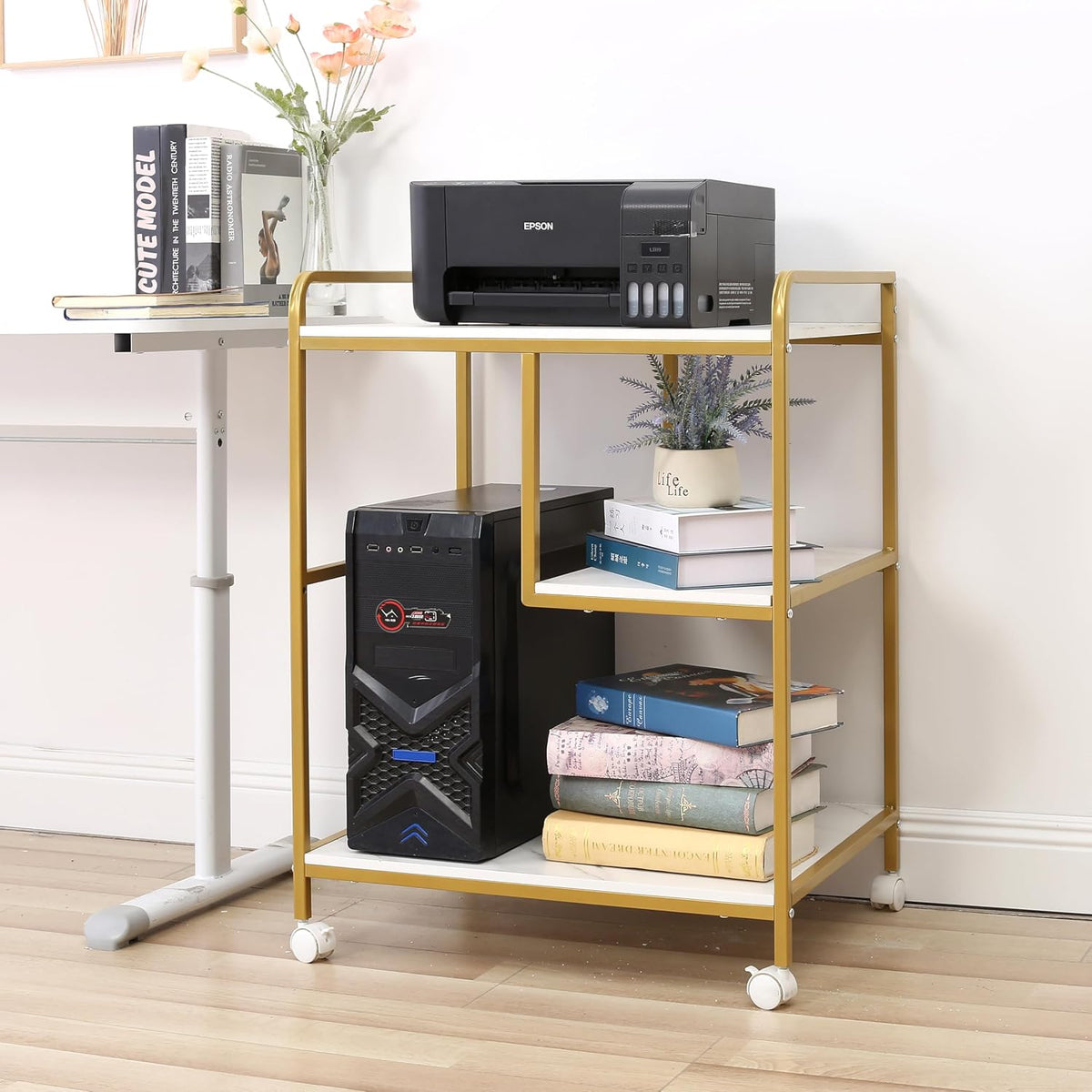 3-Tier Rolling Printer Cart Table Stand Shelves, PC Tower Stand Shelf With Wheels - Under Desk Shelf Unit Storage And Organization, End Sofa Table For Home, Office (White Gold)