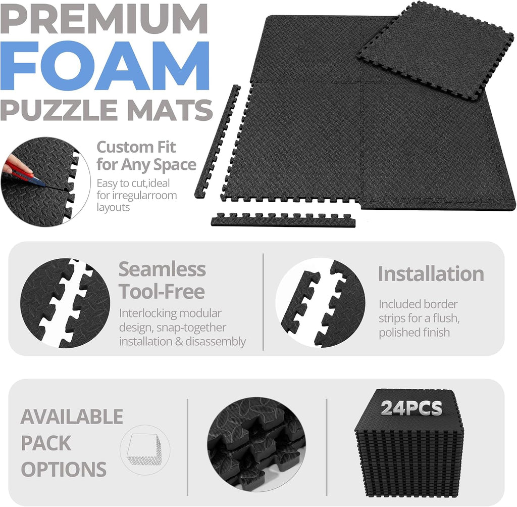 HulkFit Puzzle Exercise Mat, 3/4 Inch EVA Interlocking Foam Gym Flooring for Home Gym, Garage, Apartments, High-Density Shock-Absorbing Floor Tiles for Workout Equipment, MMA, Gymnastics, 24 Tiles
