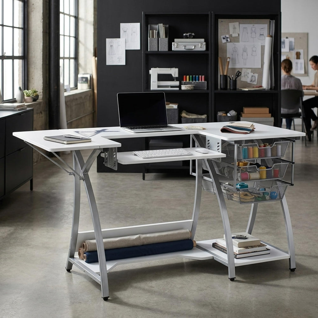 Sew Ready Folding Multipurpose Sewing Table - 47.5" W x 28" D Foldable White Hobby and Sewing Machine Table with Adjustable Shelf - Can Also Be Used as Computer Desk