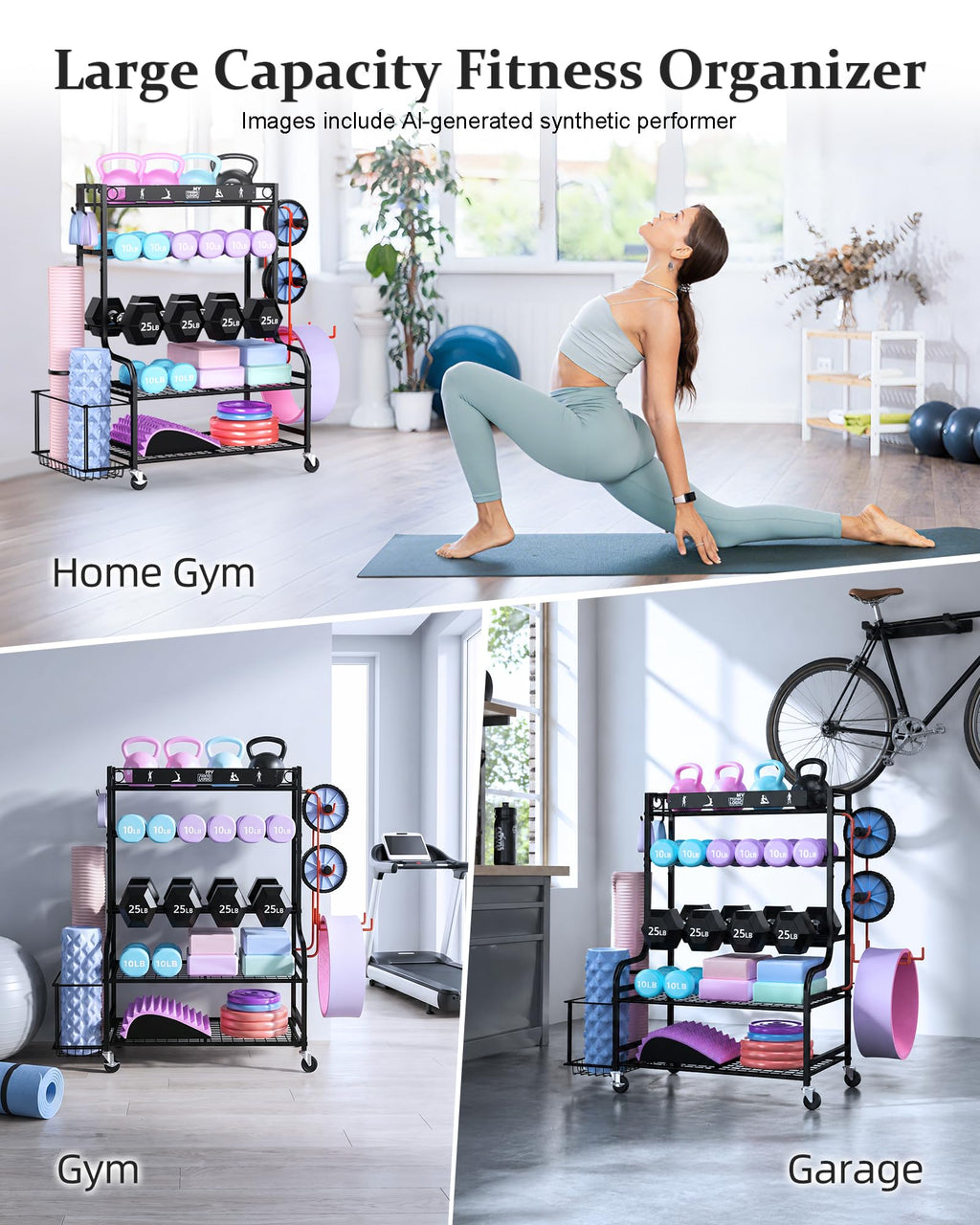 Mythinglogic Home Gym Storage Rack with Wheels for Dumbbells and Yoga Mats