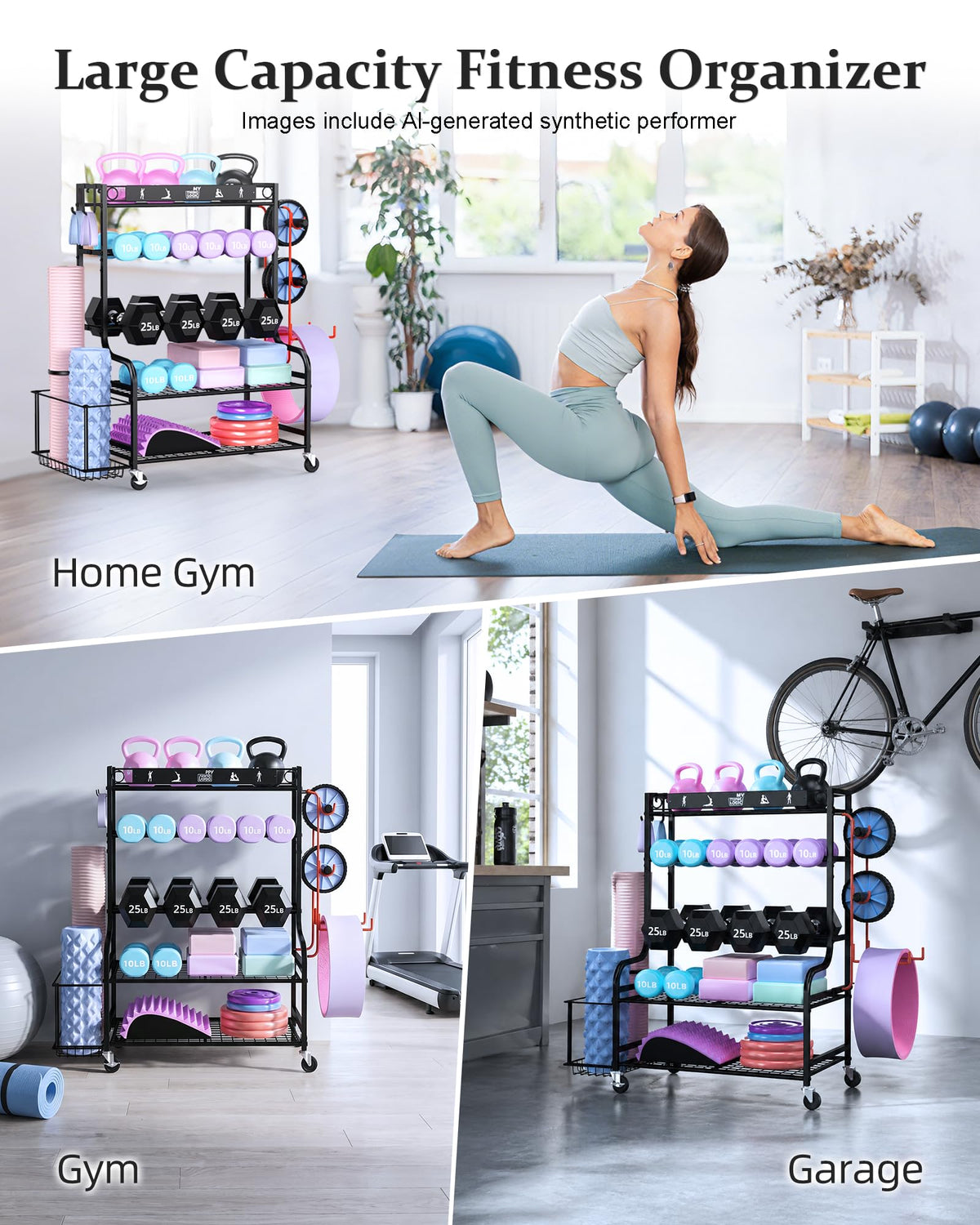 Mythinglogic Home Gym Storage Rack with Wheels for Dumbbells and Yoga Mats