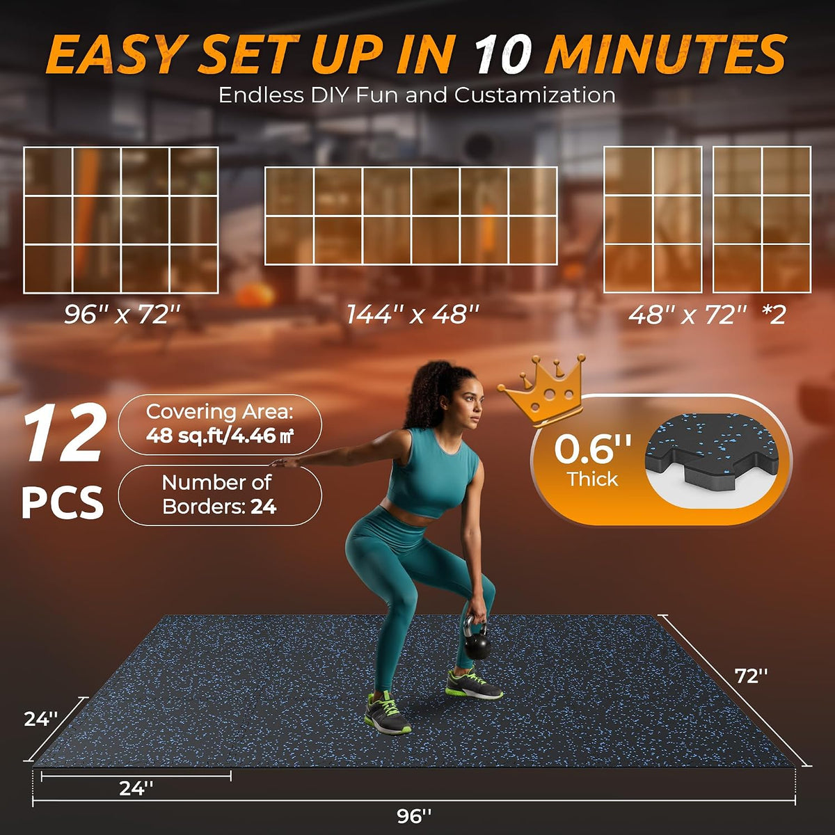 PRAISUN 0.6" Thicker Rubber Top 48 Sq Ft Gym Flooring for Home Gym