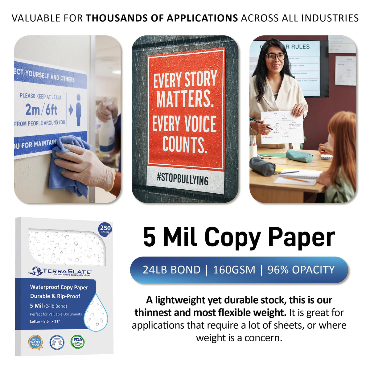TerraSlate Premium Waterproof Paper, 5 Mil 8.5â x 11â, Laser Printer & Copy Machine Compatible, Durable & Rain/Weather-Proof Copy Paper, White Paper (100 Sheets)