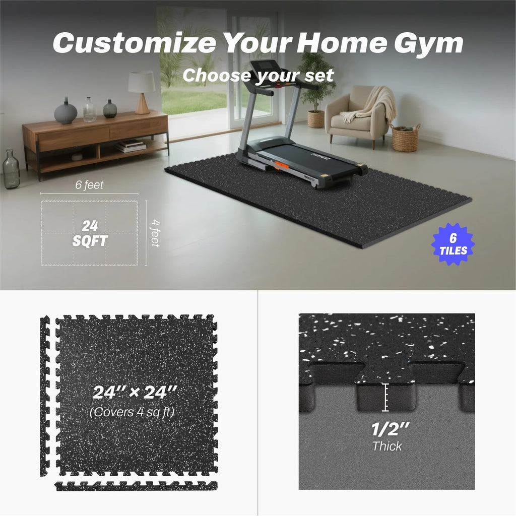AIRHOP 1/2" Thick 48 Sq Ft Gym Flooring for Home Gym, Rubber Top Gym Mats
