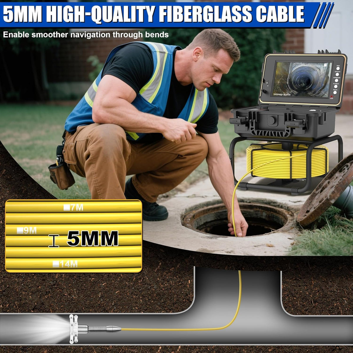 Powerwill Drain Camera with Self-Leveling, 165 ft / 50 m Sewer Pipe Inspection System, 9-Inch 1080P IPS Monitor, IP68-Rated Camera Head, 5 mm Push Cable with Meter Marking, DVR, 5X Zoom, 32GB Card