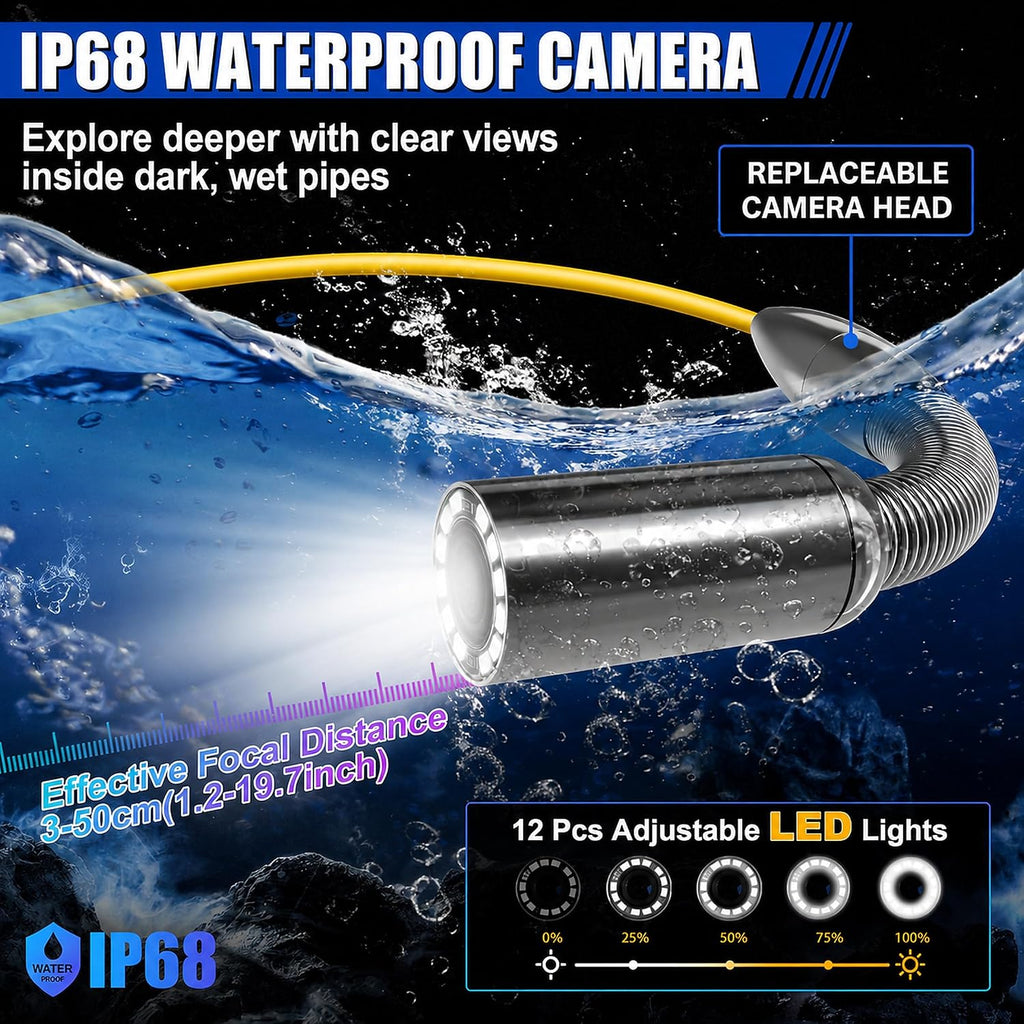 Powerwill Drain Camera with Self-Leveling, 165 ft / 50 m Sewer Pipe Inspection System, 9-Inch 1080P IPS Monitor, IP68-Rated Camera Head, 5 mm Push Cable with Meter Marking, DVR, 5X Zoom, 32GB Card