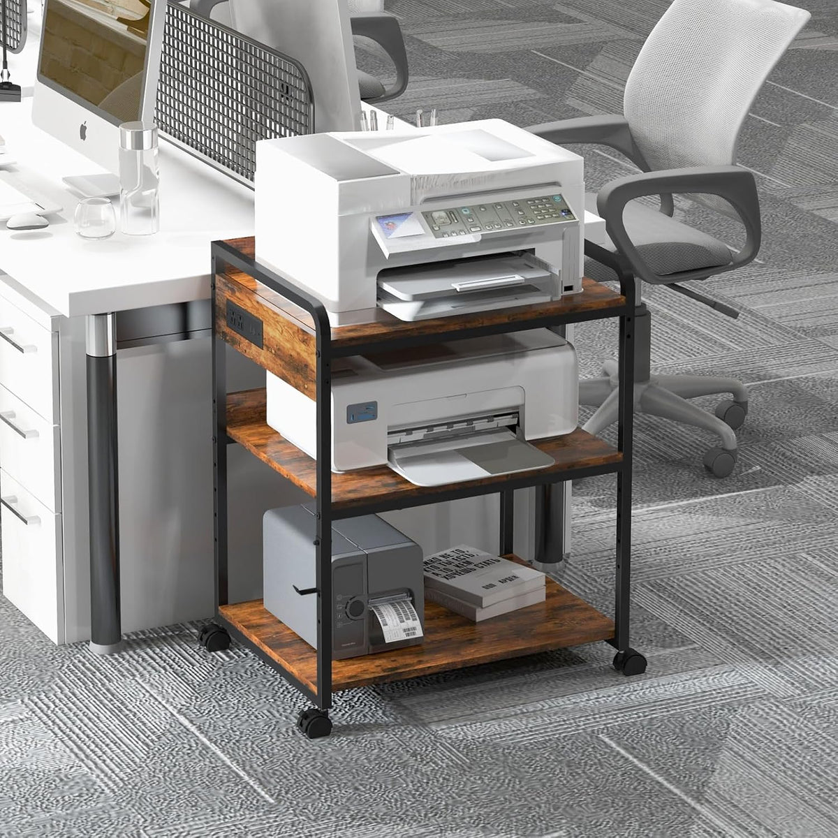 3-Tier Large Printer Stand with Power Outlet and Adjustable Storage Shelf