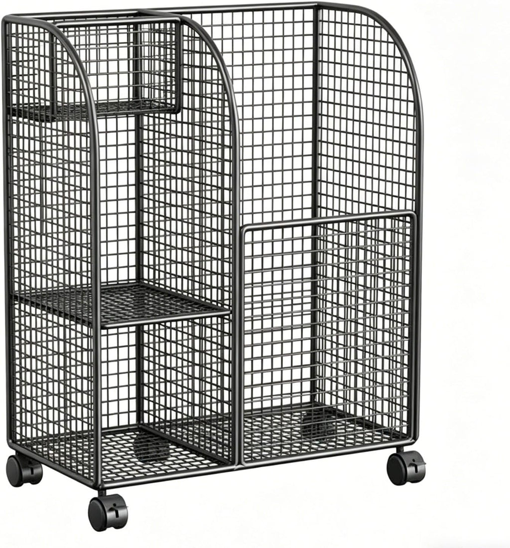 Mobile Basket Exercise Mat Holder Storage Cart Organizer Rack Rolling Iron Mesh With Divided Sections For Mats Rollers Dumbbells Suitable for home gym setups garages workout corners, Black
