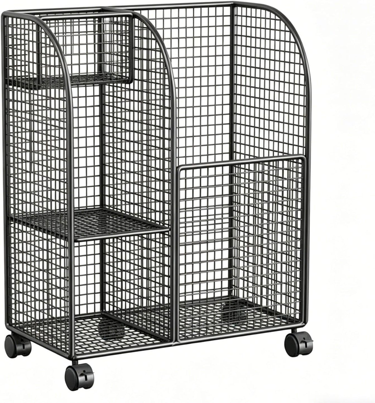 Mobile Basket Exercise Mat Holder Storage Cart Organizer Rack Rolling Iron Mesh With Divided Sections For Mats Rollers Dumbbells Suitable for home gym setups garages workout corners, Black