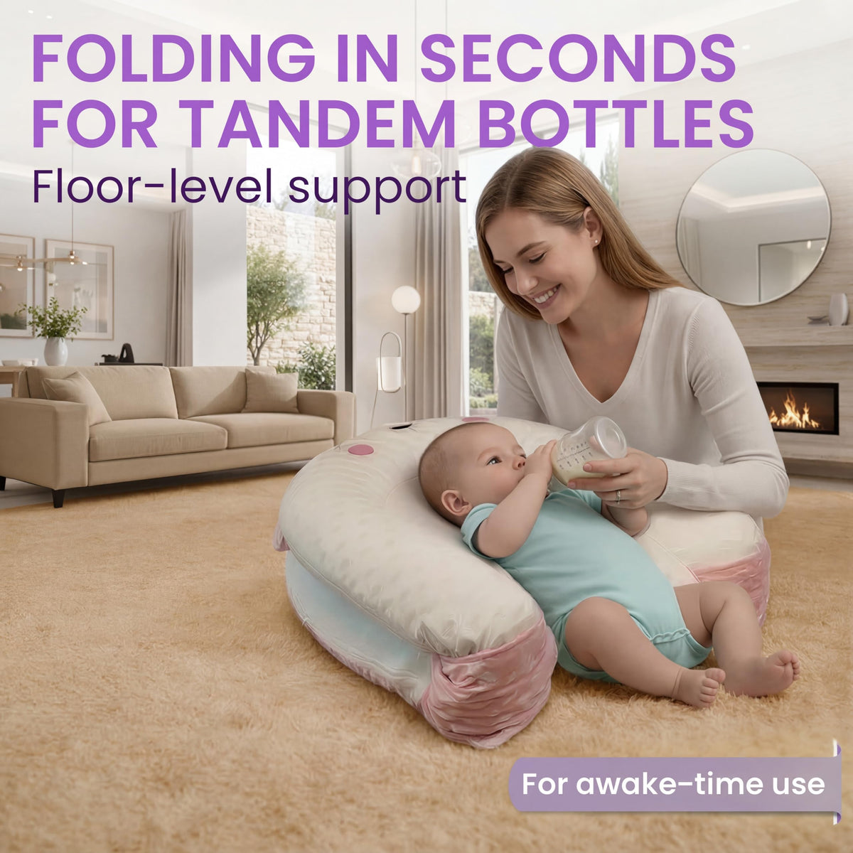 Twins Baby Play Mats for Floor Activity Gym - 5-in-1 Support Cushion Baby Play Mat Tummy Time Mat for Supervised Bonding with Arch, Plush Toys, Flashcards & Development - Beige