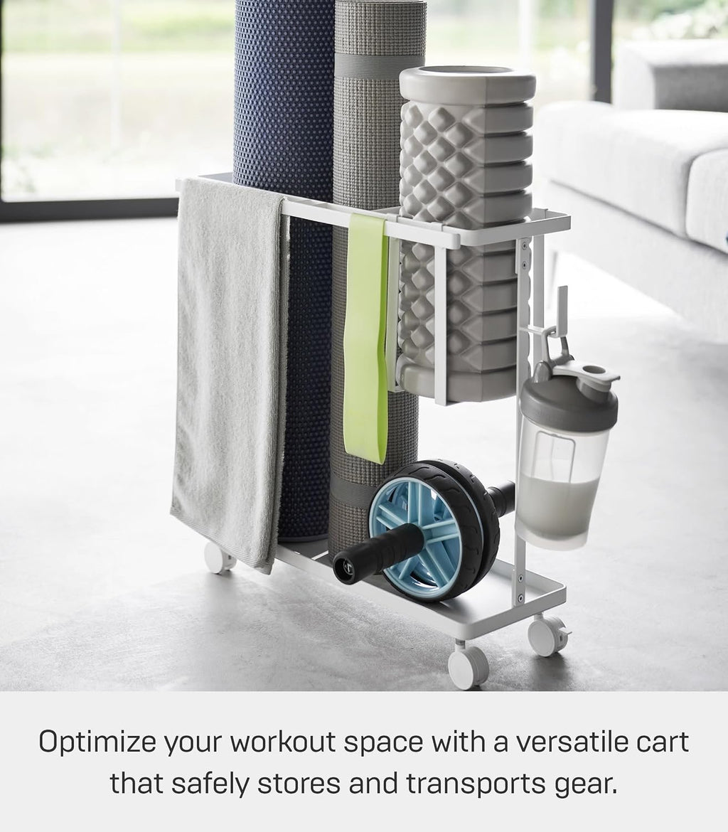 YAMAZAKI Home Rolling Fitness Rack with Adjustable Holder and Hooks, White