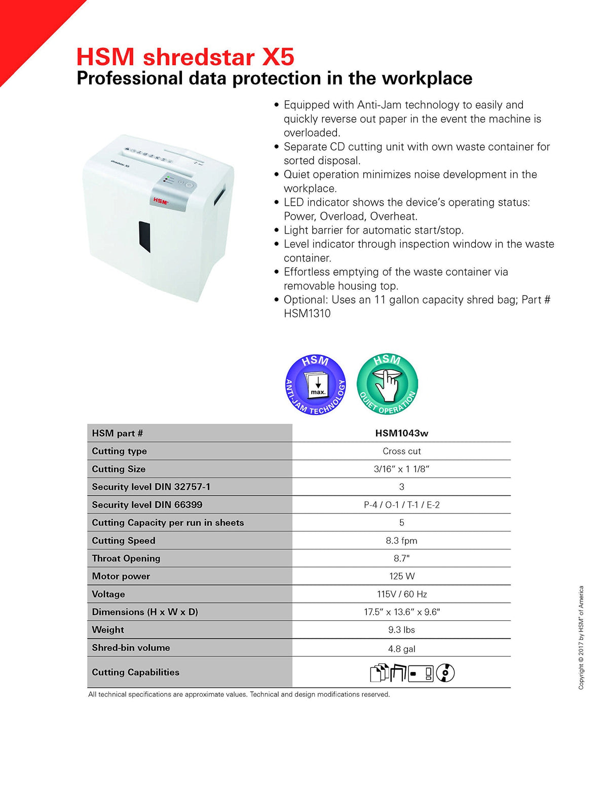 HSM of America Shredstar X10 Cross-Cut Shredder, 10 Manual Sheet Capacity