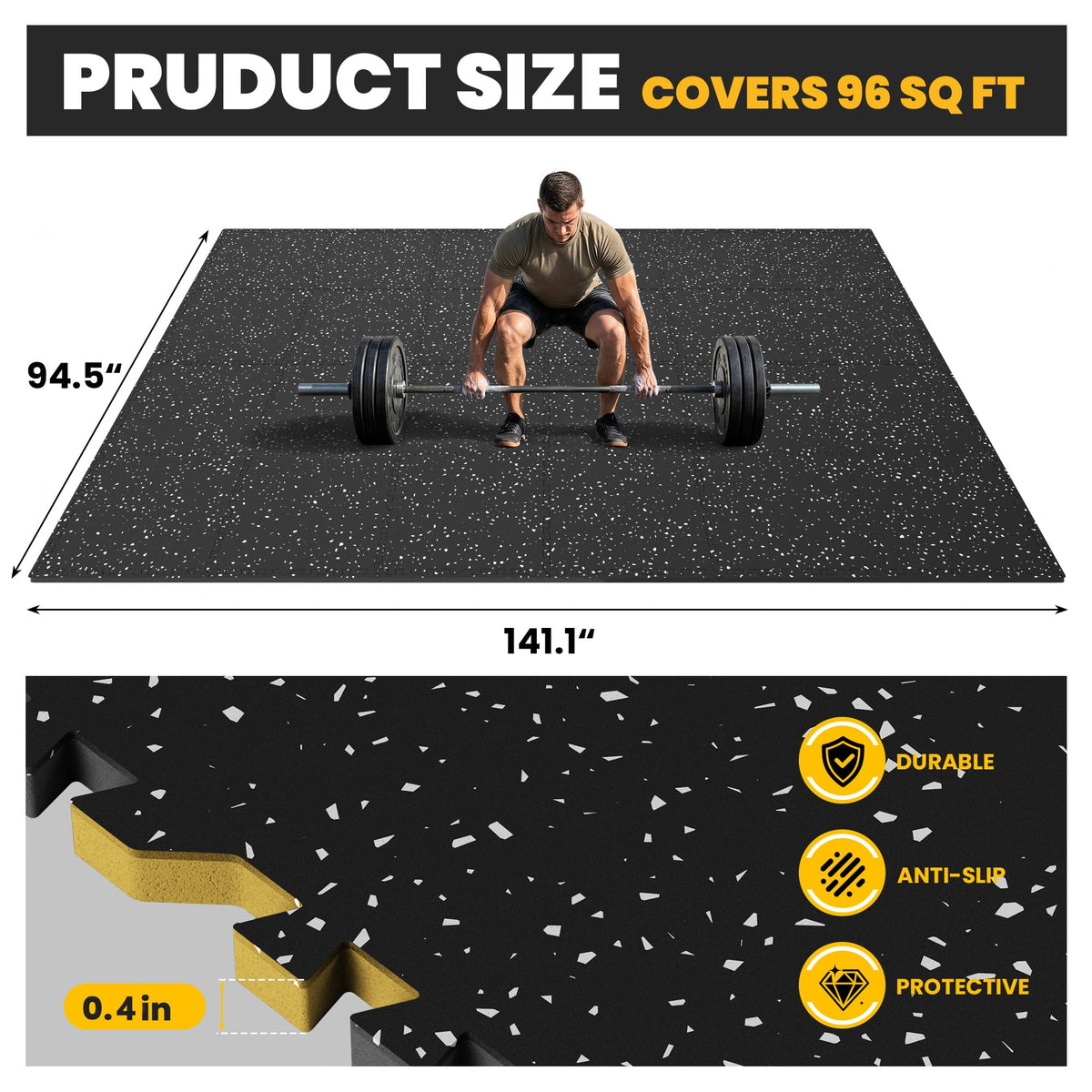 0.6" Thick Rubber Top Exercise Mat, Interlocking Puzzle Gym Flooring Mat