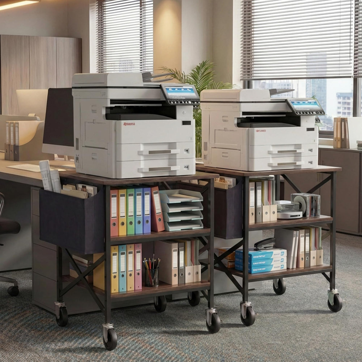 Tall Printer Stand with Charging Station, 4-Tier Mobile Cart, White