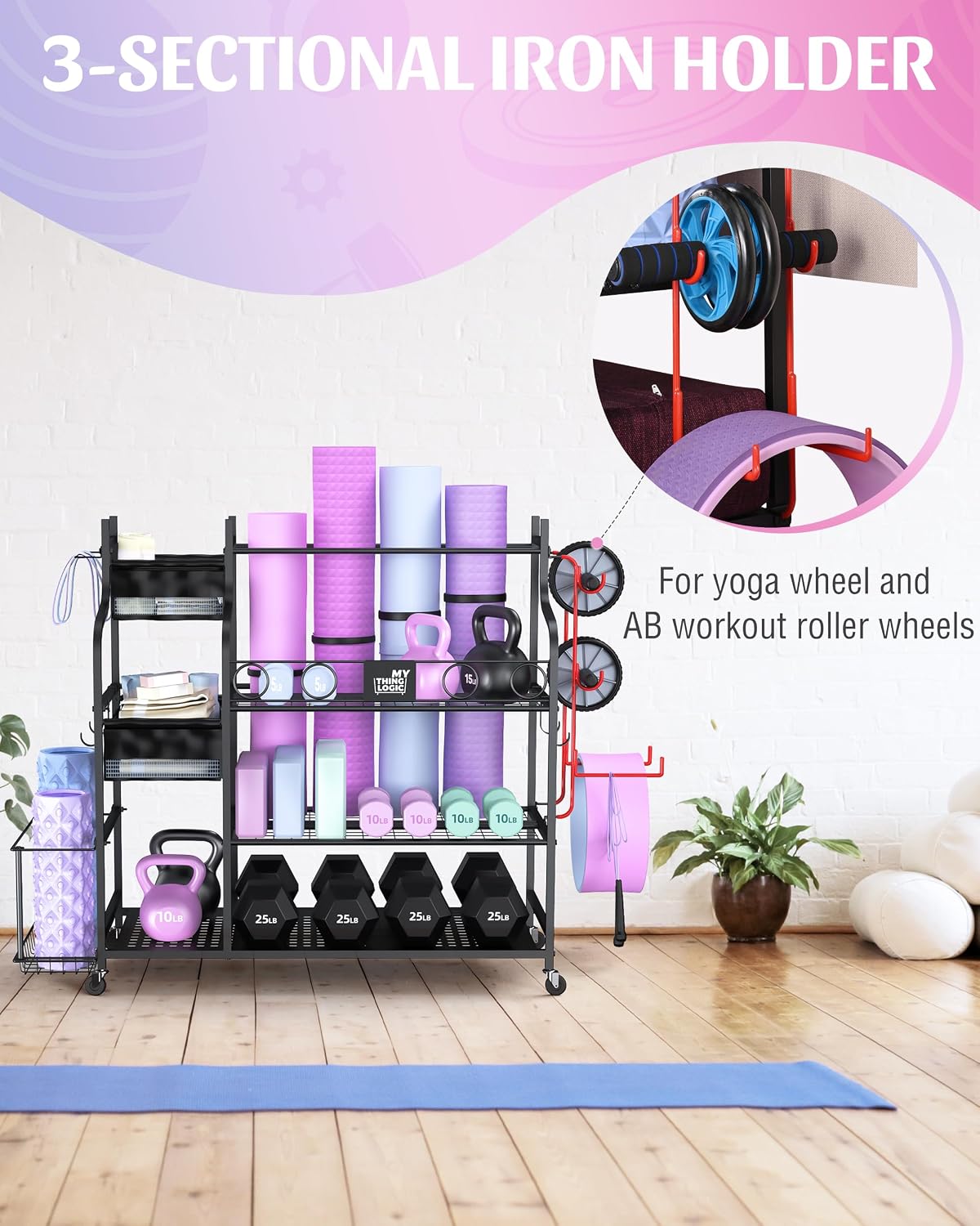 Mythinglogic Home Gym Storage Rack with Wheels for Dumbbells and Yoga Mats