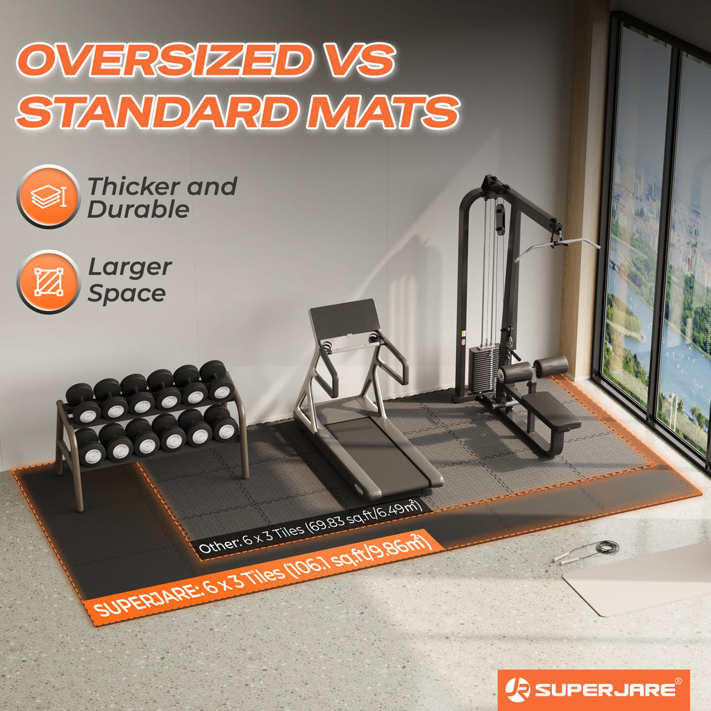 SUPERJARE 30" x 30" Larger Rubber Top Exercise Equipment Mats, 0.56" Thick 12PCS 75 Sq Ft High-Density EVA Foam Interlocking Gym Flooring, Big Workout Mat for Home Gym, Floor Protection, Black/Grey