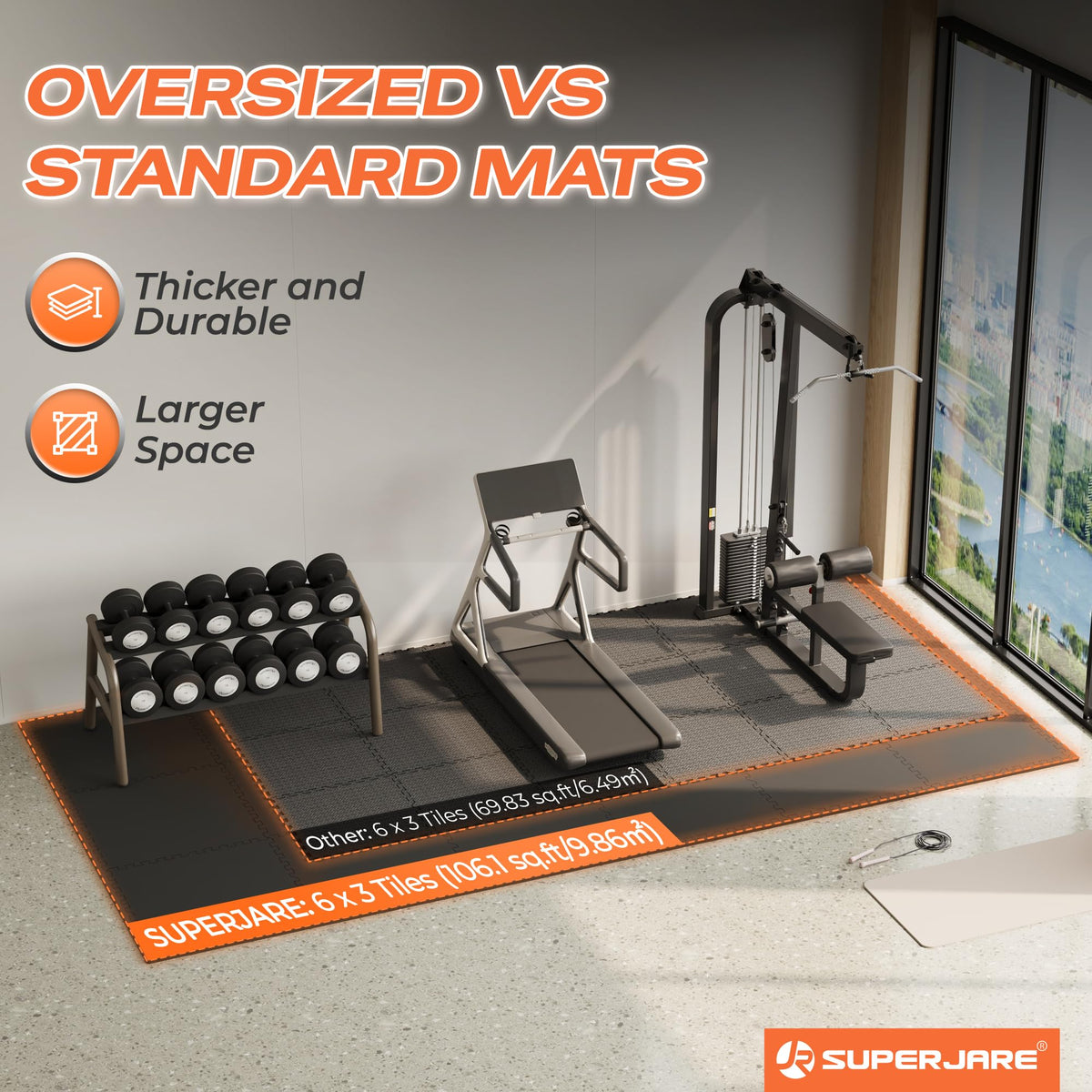 SUPERJARE 30" x 30" Larger Rubber Top Exercise Equipment Mats, 0.56" Thick 12PCS 75 Sq Ft High-Density EVA Foam Interlocking Gym Flooring, Big Workout Mat for Home Gym, Floor Protection, Black/Grey