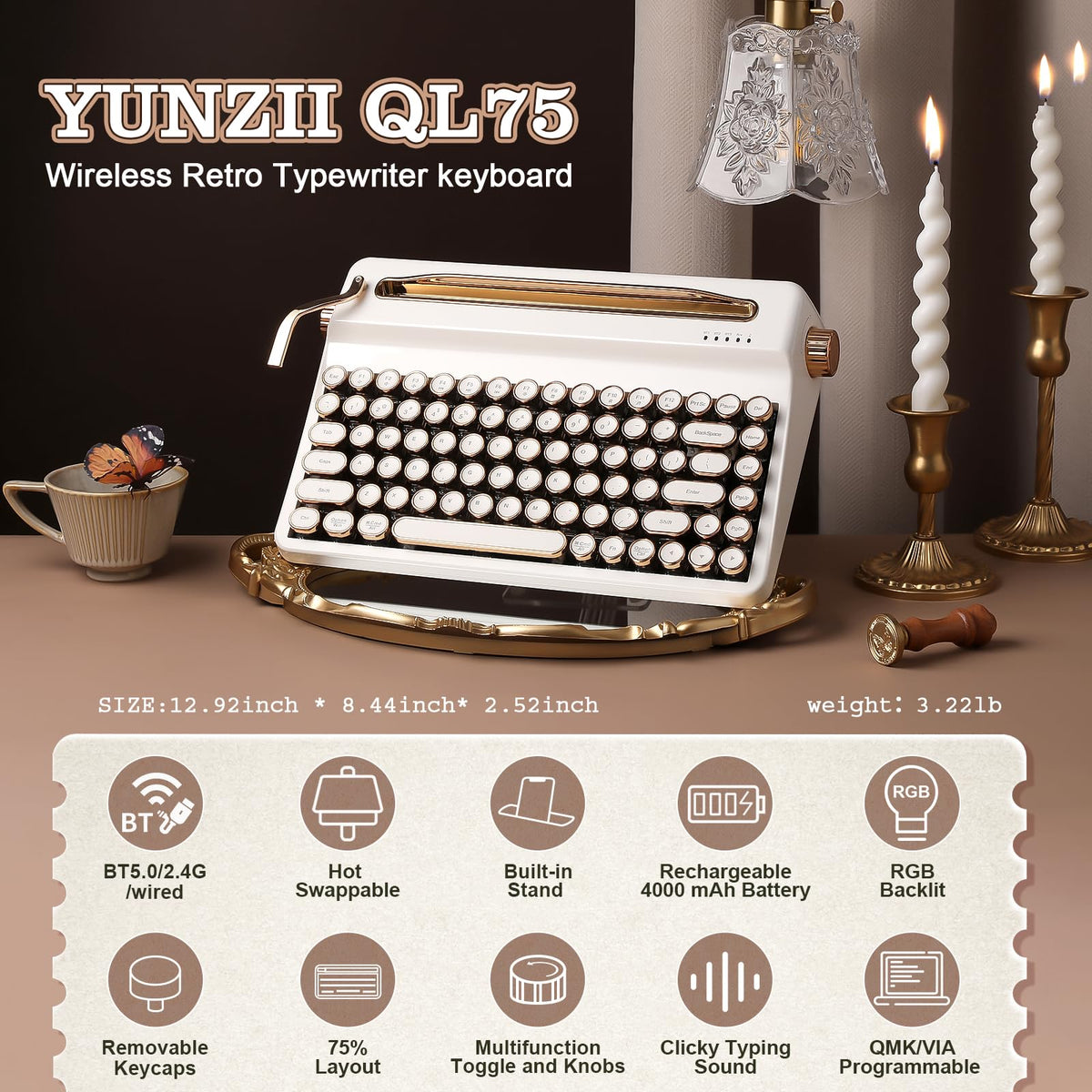 YUNZII QL75 Retro Typewriter Hot Swap RGB Keyboard (Green, Cocoa V2)