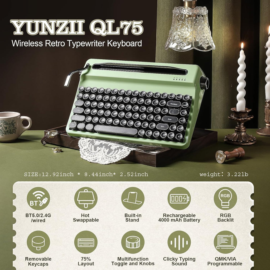 YUNZII QL75 Retro Typewriter Hot Swap RGB Keyboard (Green, Cocoa V2)