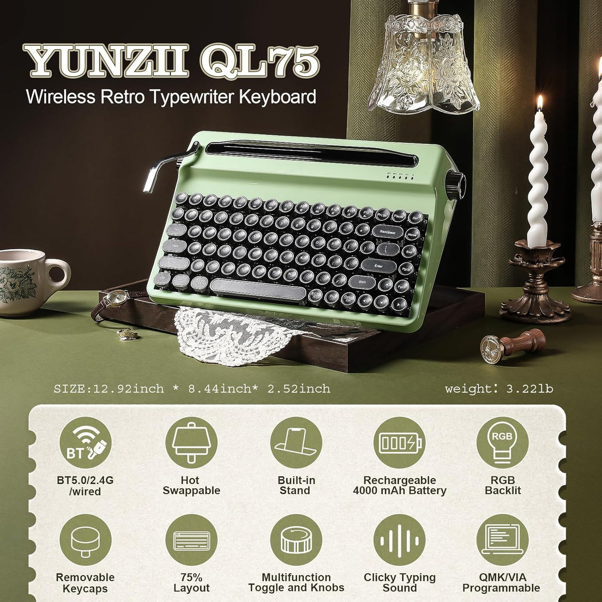 YUNZII QL75 Retro Typewriter Hot Swap RGB Keyboard (Green, Cocoa V2)