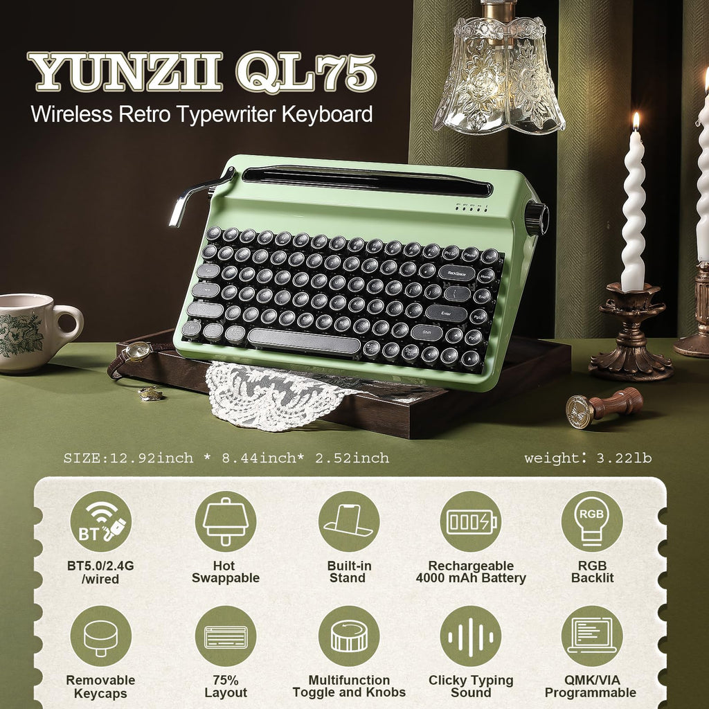 YUNZII QL75 Retro Typewriter Hot Swap RGB Keyboard (Green, Cocoa V2)