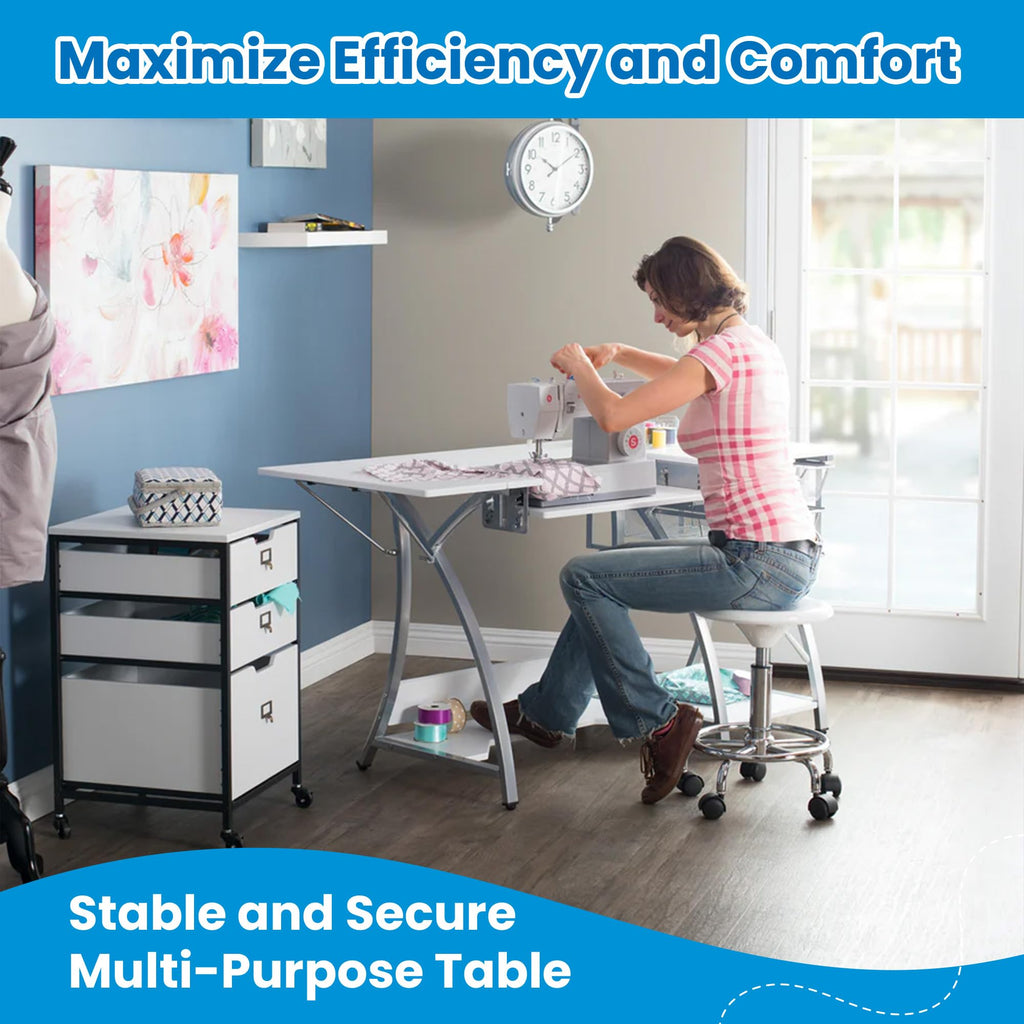 Sew Ready Folding Multipurpose Sewing Table - 47.5" W x 28" D Foldable White Hobby and Sewing Machine Table with Adjustable Shelf - Can Also Be Used as Computer Desk