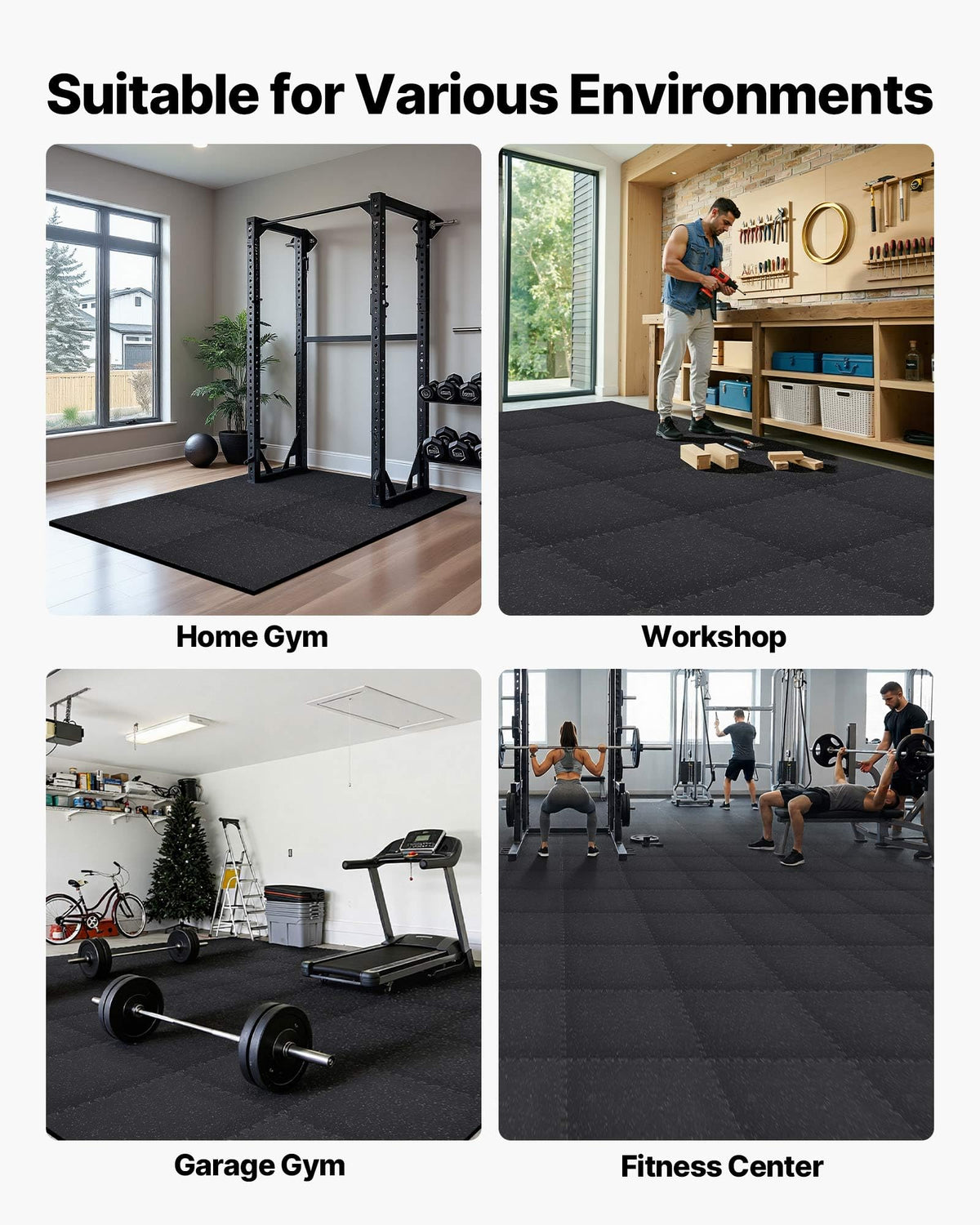 VEVOR 0.56Inch 48sq.ft 12 Tiles Gym Flooring for Home Gym, Rubber Top with High Density EVA Foam, 25 x 25In Gym Floor Exercise Equipment Mats, Interlocking Gym Mats, Puzzle Workout Mats, Black & Gray