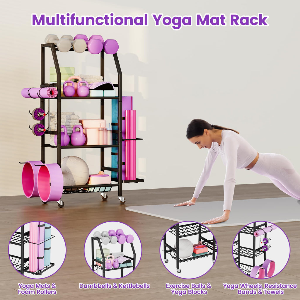 Homeiju Dumbbell Rack, Weight Rack for Home Gym, Yoga Mat Storage Holder with Lockable Wheels, Dumbbell Stand with Hooks, All in One Work out Equipment Storage for Yoga Mat Dumbbell and Balls