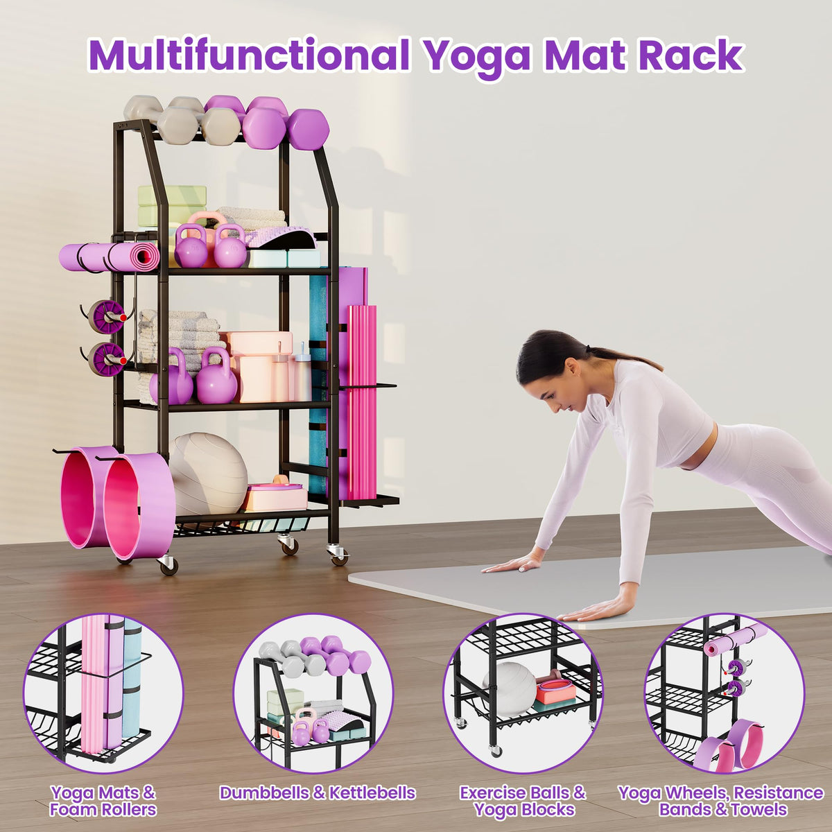 Homeiju Dumbbell Rack, Weight Rack for Home Gym, Yoga Mat Storage Holder with Lockable Wheels, Dumbbell Stand with Hooks, All in One Work out Equipment Storage for Yoga Mat Dumbbell and Balls