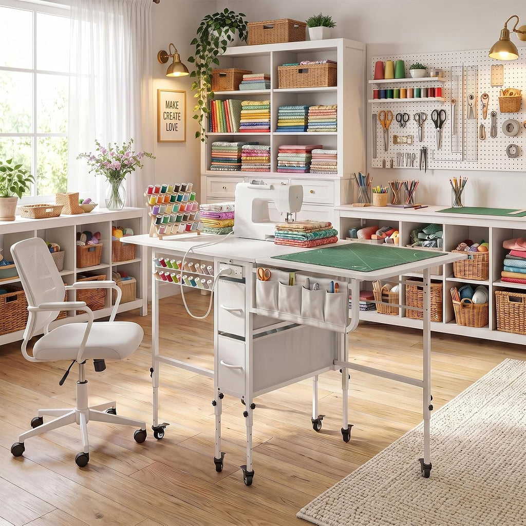 Furnaza 56.7" Foldable Wheeled Sewing Craft Table with Charging Station