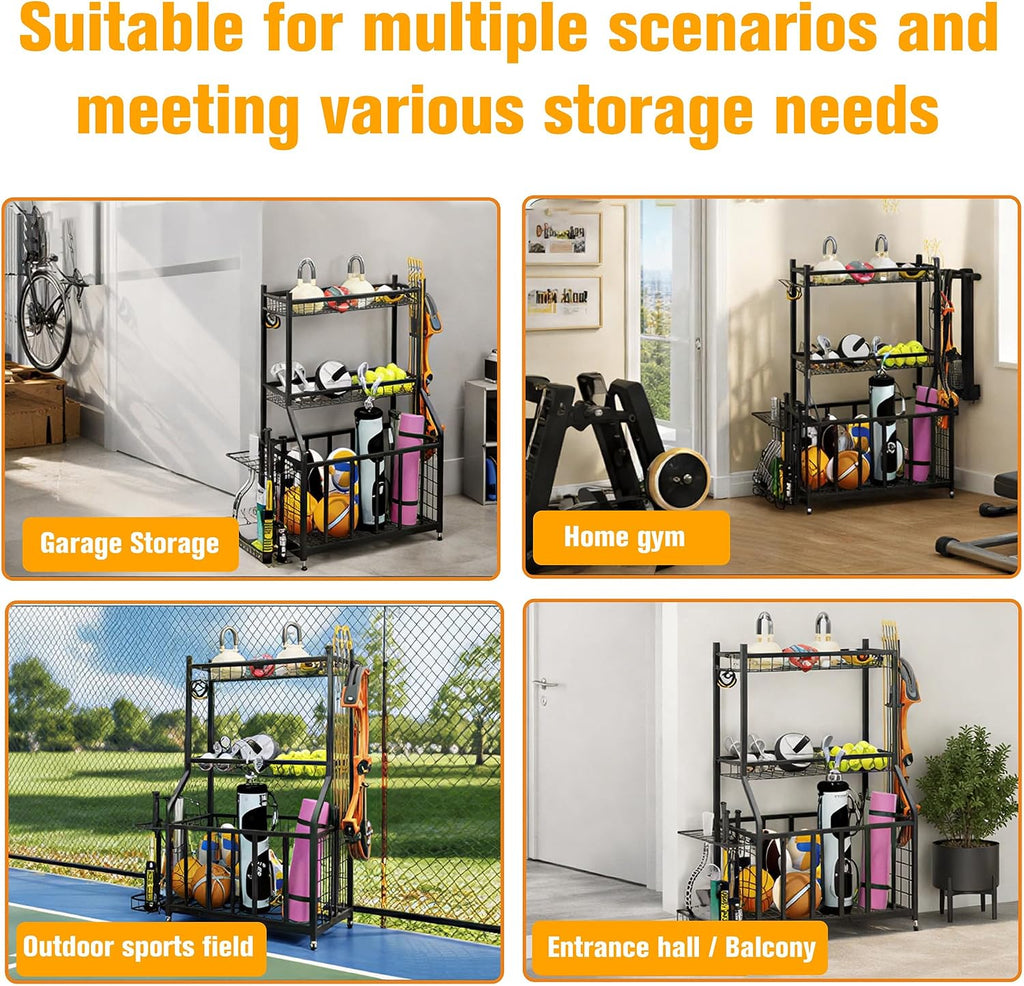 Ball Storage Rack Garage Sports Equipment Organizer with Hooks,Black