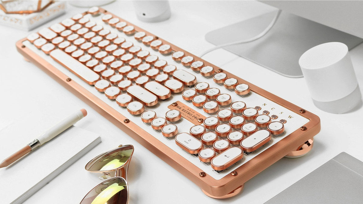 Azio Retro Classic Bluetooth Elwood - Bluetooth Luxury Vintage Backlit Mechanical Keyboard (Blue Switch, Walnut Wood, Gunmetal Matte Frame)(MK-RETRO-W-BT-01-US)
