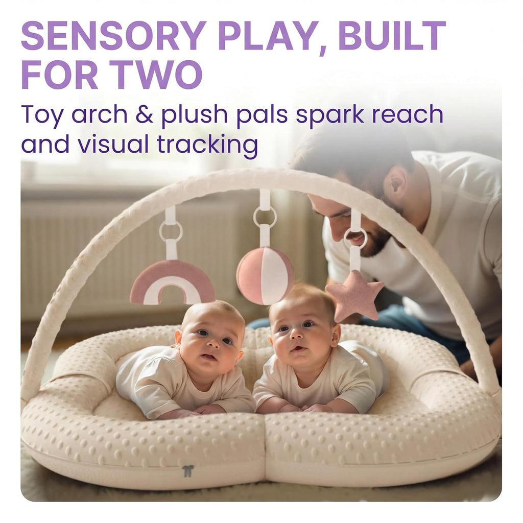 Twins Baby Play Mats for Floor Activity Gym - 5-in-1 Support Cushion Baby Play Mat Tummy Time Mat for Supervised Bonding with Arch, Plush Toys, Flashcards & Development - Beige