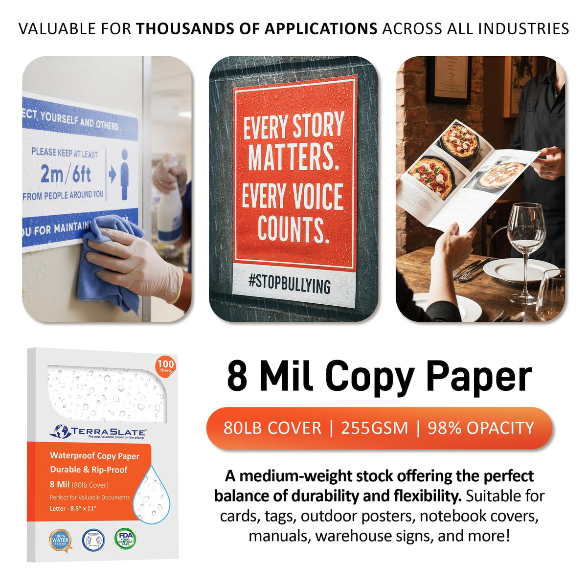 TerraSlate Premium Waterproof Printer Paper, 8 Mil 8.5 x 11 Inches, Durable & Heavy-duty paper (1000 Sheets)